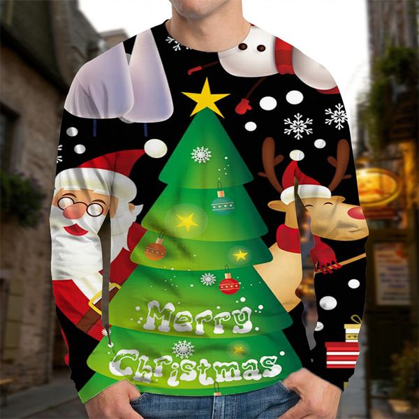 men's christmas cartoon character snowman pattern shirt visual impact party fashion round neck sweatshirt, Black